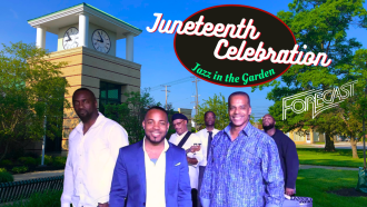 The band Forecast at the library with the words Juneteenth Celebration Jazz in the Garden and the Forecast logo