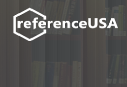 Reference USA logo on greyed out book shelf background
