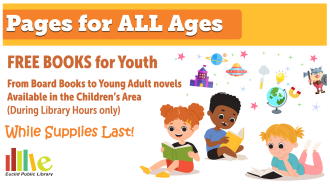 Text Pages for All Ages: Free books for youth while supplies last. Cartoon of kids reading books