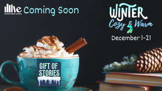 Hot drink and books with the text: Gift of Stories: Winter, Cozy & Warm 