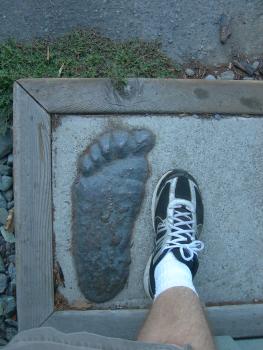 A man’s foot pictured next to an impression of Bigfoot’s footprint to show the size comparison.  Bigfoot’s is bigger.